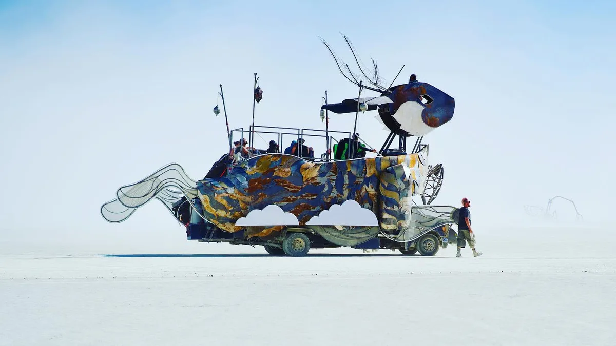 Tarna, a blue-and-gold rabbit mutant vehicle, carries passengers across the playa