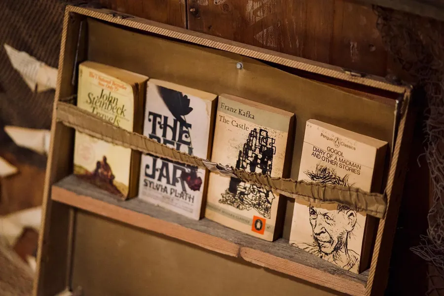 Paperback books arranged in a fabric shelf
